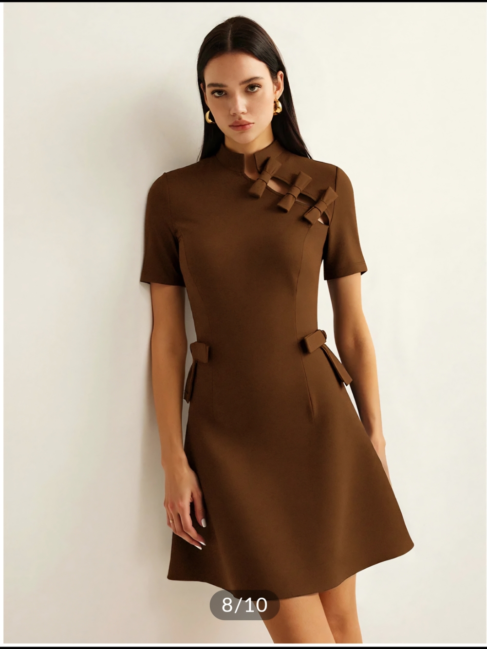 Commense Bow Cut-Out Stand Collar Short Sleeve Dress